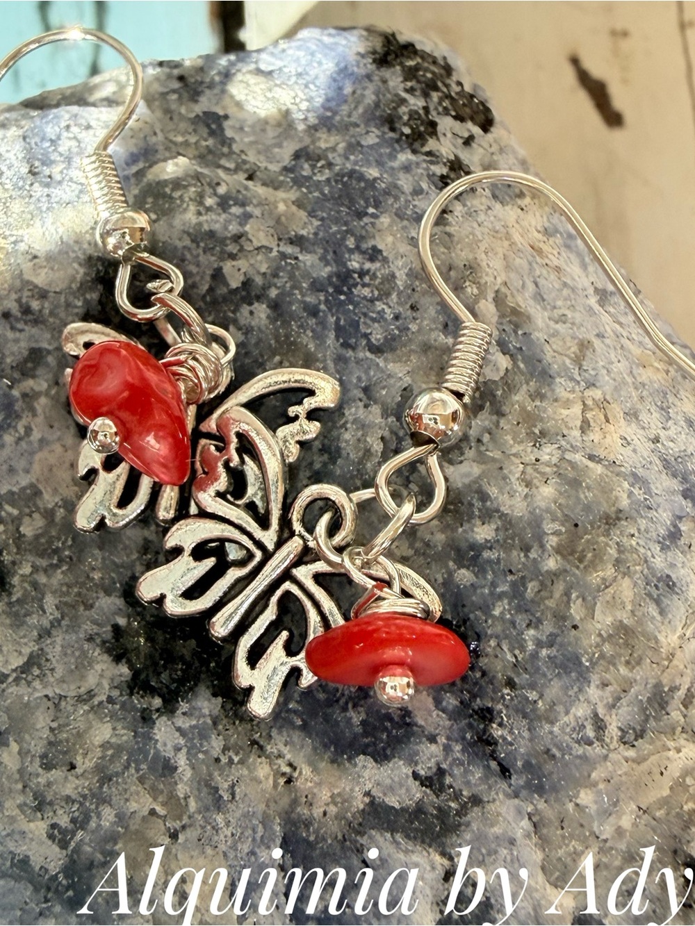 Coral 🪸 Silver Butterfly Earrings with Red Beads